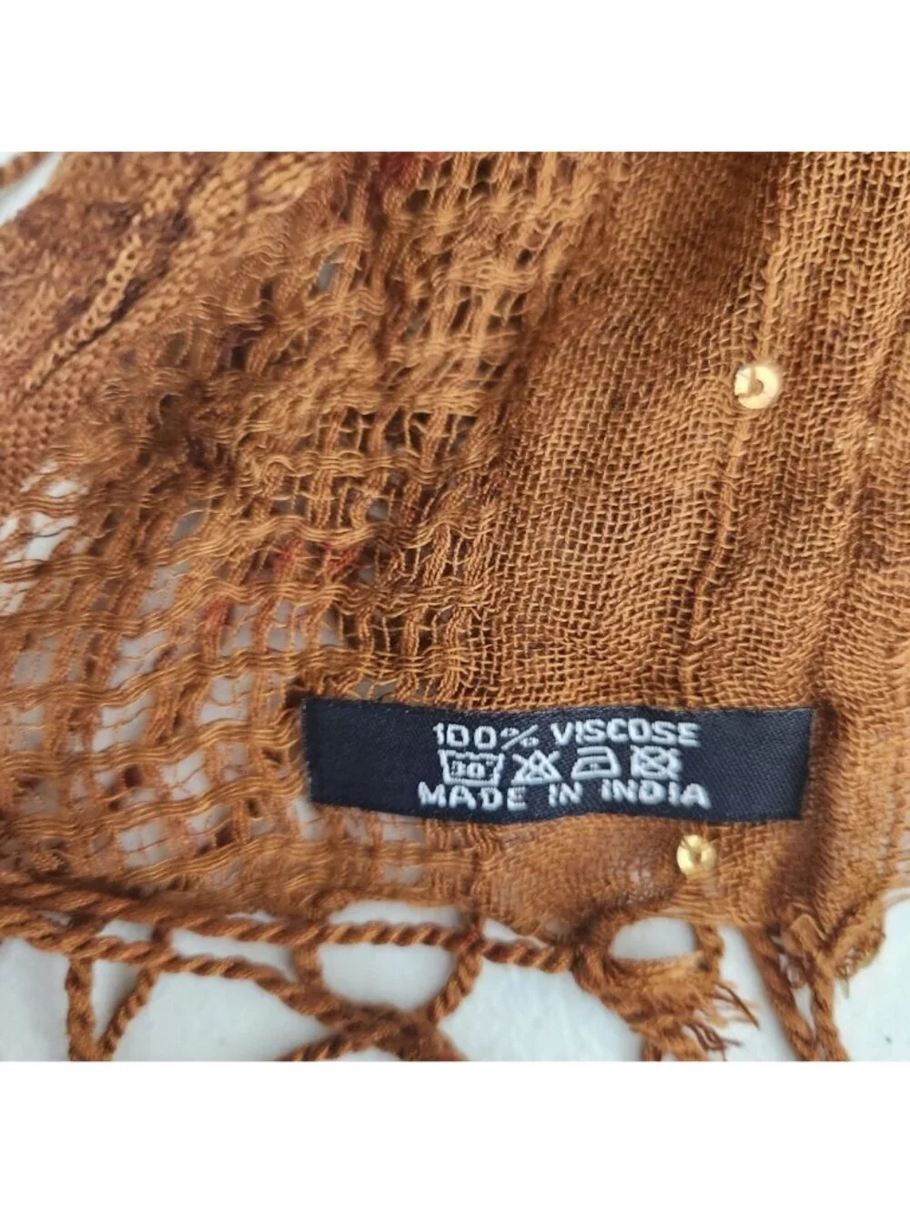 Lightweight Brown Paisley Sequin Scarf With Fringe Detail - Made In India - 100%